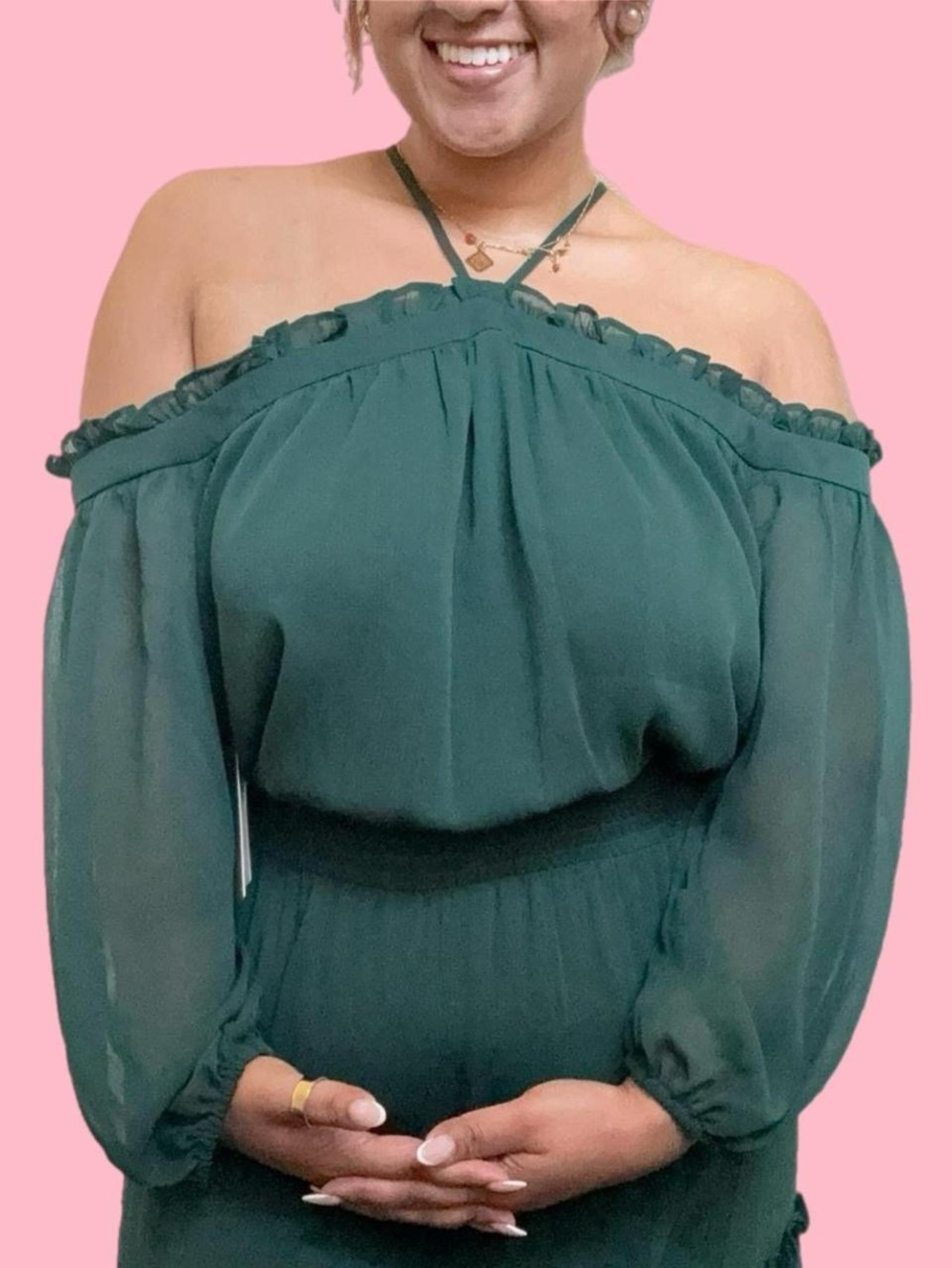 halogen cold shoulder long sleeve halter maxi dress - pine green